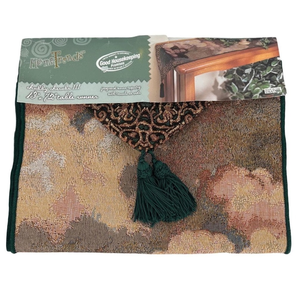 Vintage Chubby Cherubs Tapestry Table Runner Tassels Green Romantic Cottage 72"